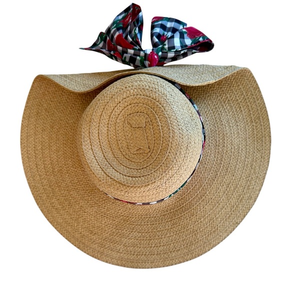 Betsey Johnson Wide Brim Straw Sun Hat with Gingham & Floral Ribbon - Picture 2 of 10